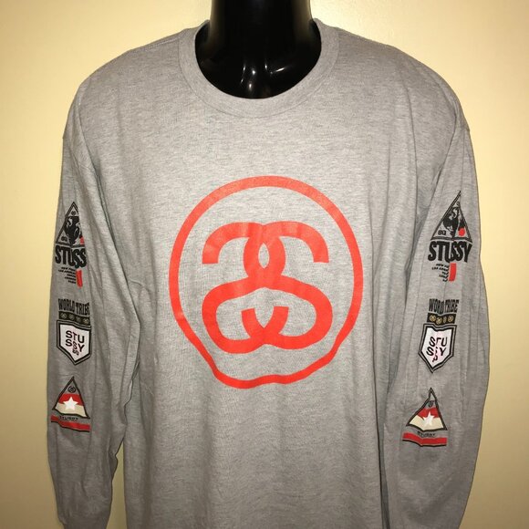 Men's Stussy Logos Long Sleeve Gray T-shirt -Size: XL - Picture 3 of 10